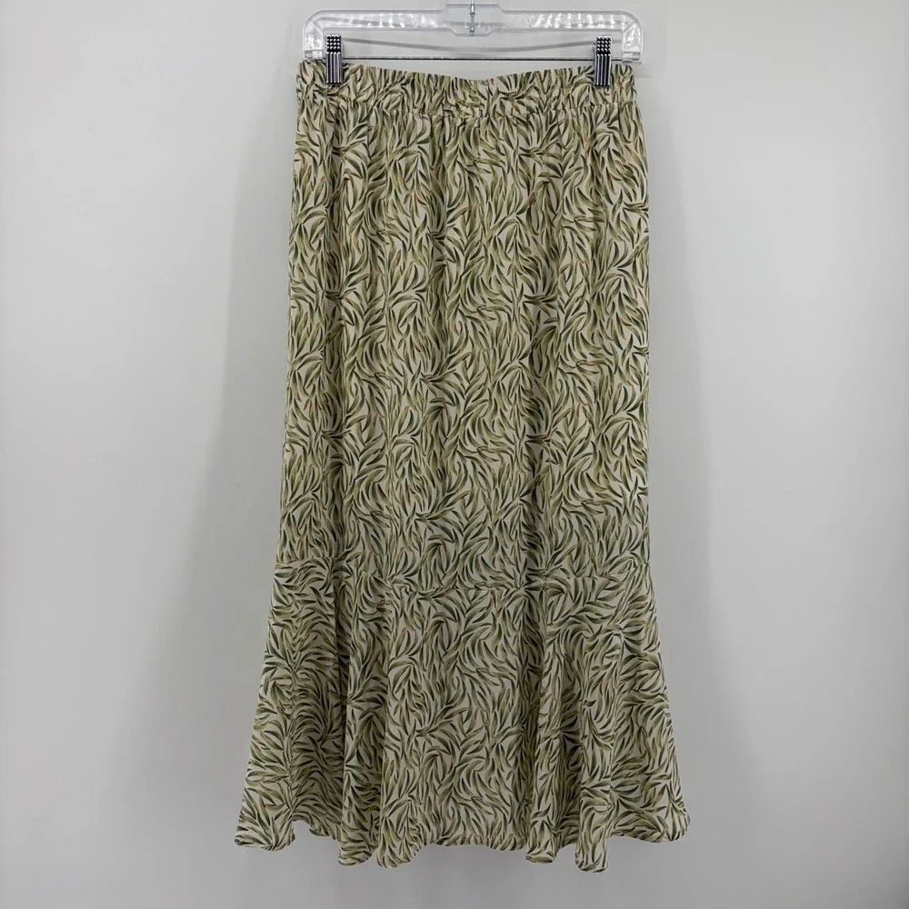 &merci Womens Medium Green Leaf Print High-Low Ruffle Midi Skirt‎ Elastic Waist